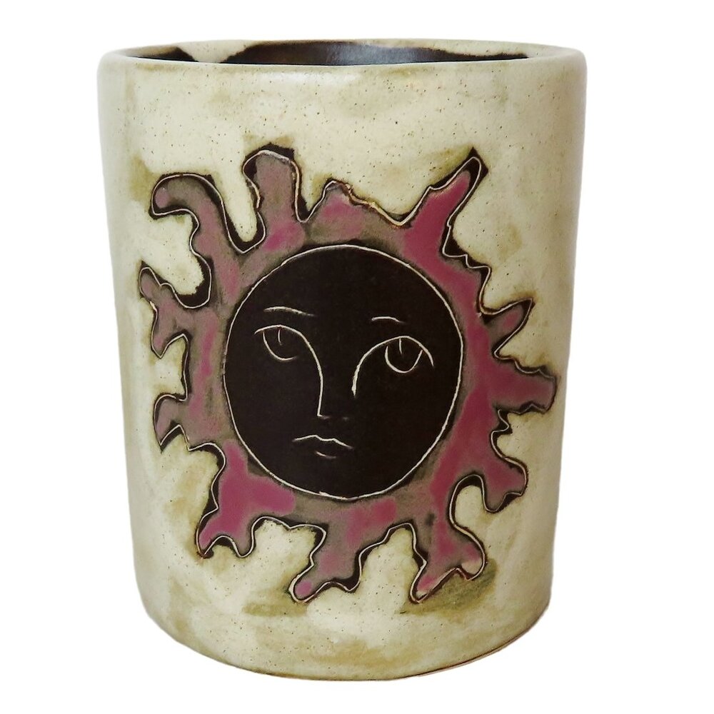 Handcrafted Mara Mexico Ceramic Coffee Tea Mug with Sun Face Design 4"tall EUC